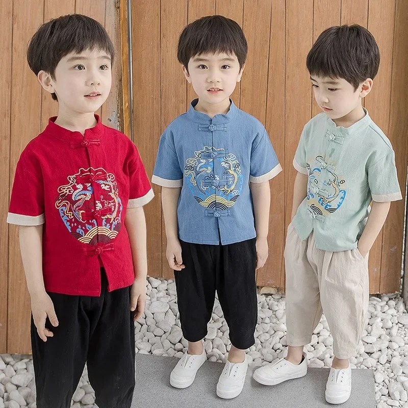 Conjuntos de ropa tradicional china para niños, traje Tang, Tops de algodón para bebés, abrigo, camisas de manga corta, pantalones Hanfu sueltos, 3 colores