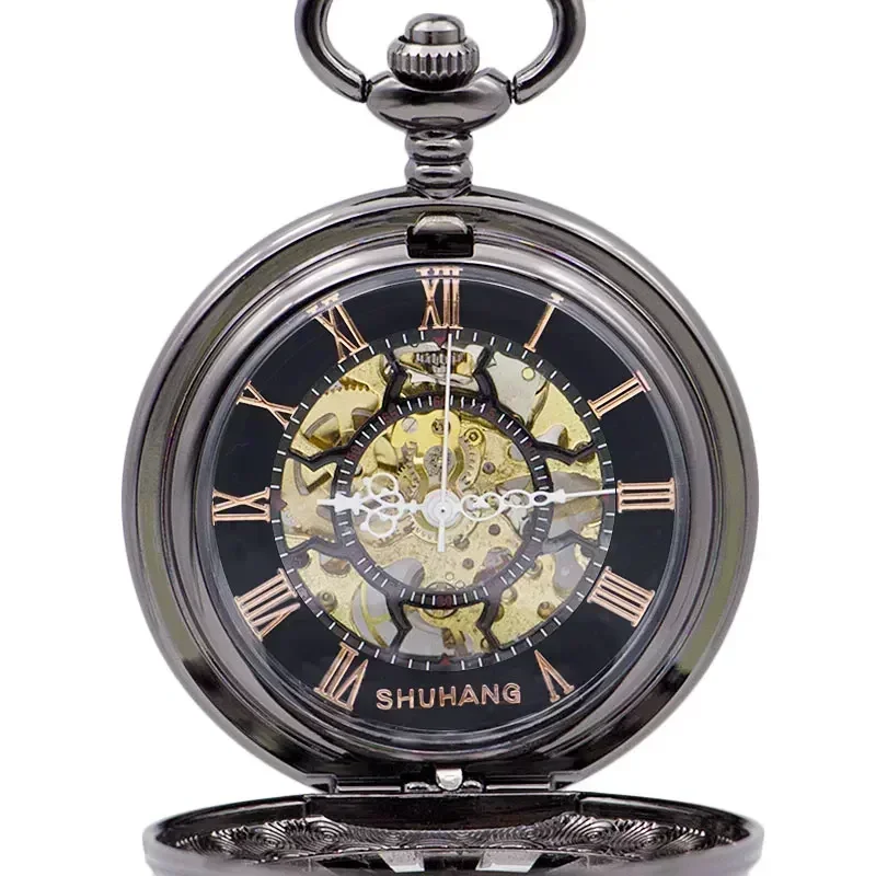 New Fashion Wind Up Automatic Mechanical Pocket Watches Vintage Skeleton Gear Roman Numbers Case Best Gift for Men Women PJX1406