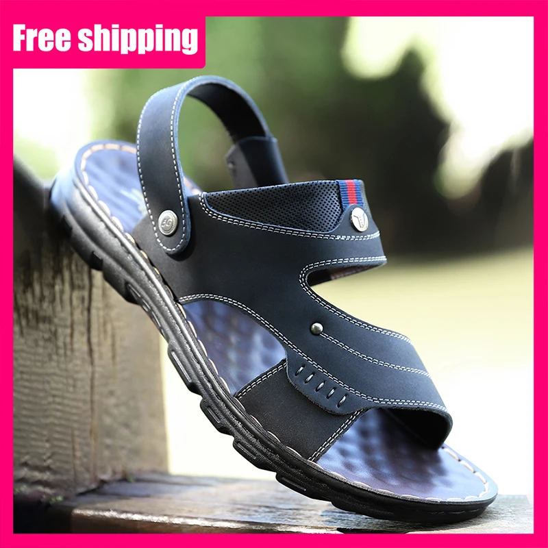 

Мужские сандалии, летняя модная кожаная обувь с открытым носком, удобная уличная нескользящая пляжная обувь, мягкие тапочки на плоской подошве для подростков