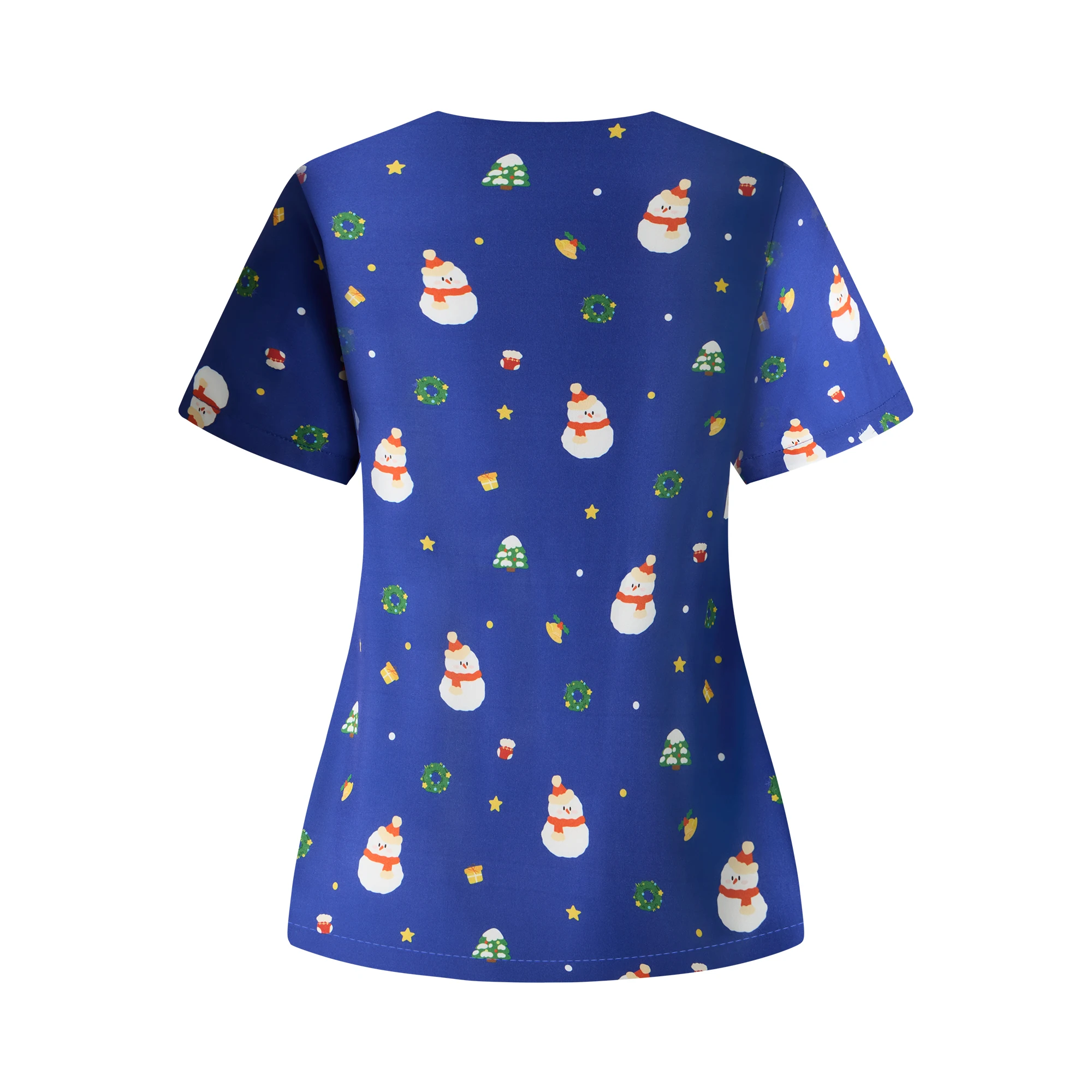 【クリスマス】女性用スクラブトップ ブルー スノーマンプリント 医療外科用漫画ユニフォーム ナース用ペット病院臨床用作業服