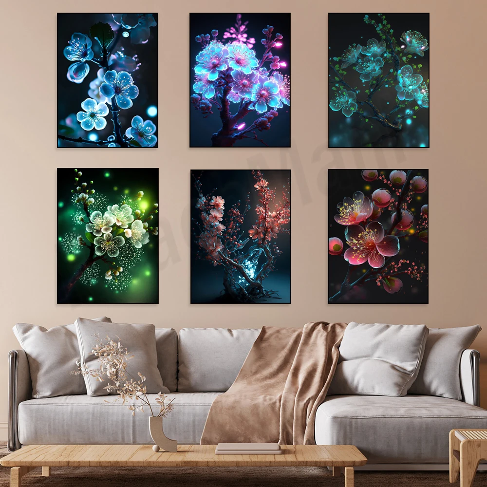 Neon effect picture Japanese cherry blossom, plum blossom flower plant poster wall printing home bedroom decoration gift