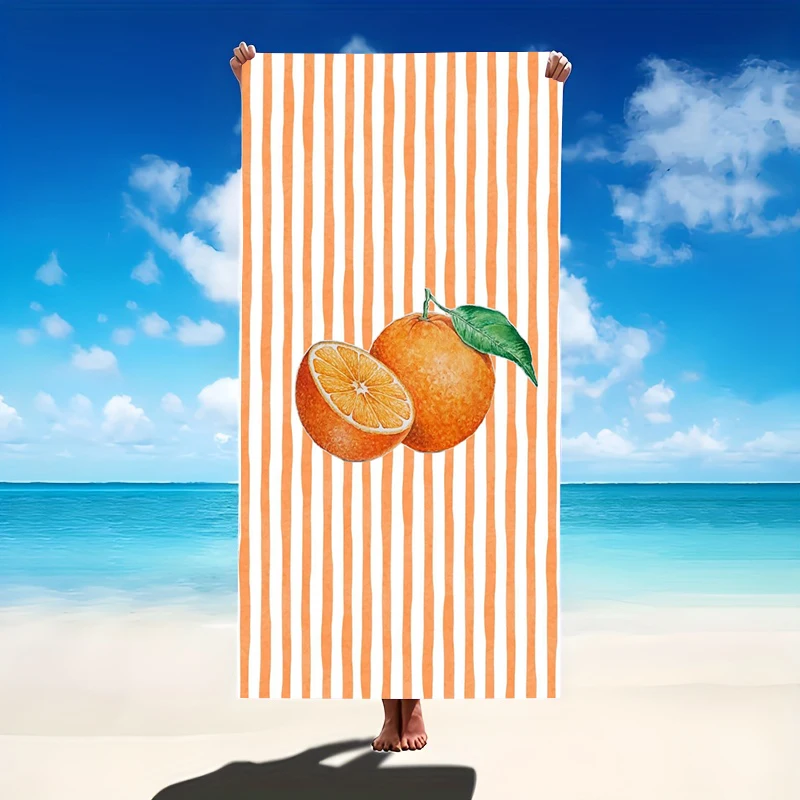 Orange White Vertical Stripe Whole Orange Fruit Leaf Center Print Microfiber Quick Dry Citrus Summer Vacation Pool Beach Towel
