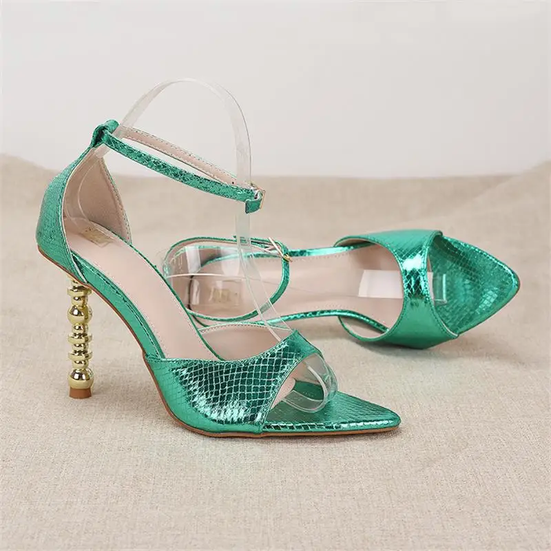 Gold Irregular Heel, Large Size, Green Snake Pattern, Pointed Side Air, Sexy Ultra-High And Slim Heel Sandals For Women