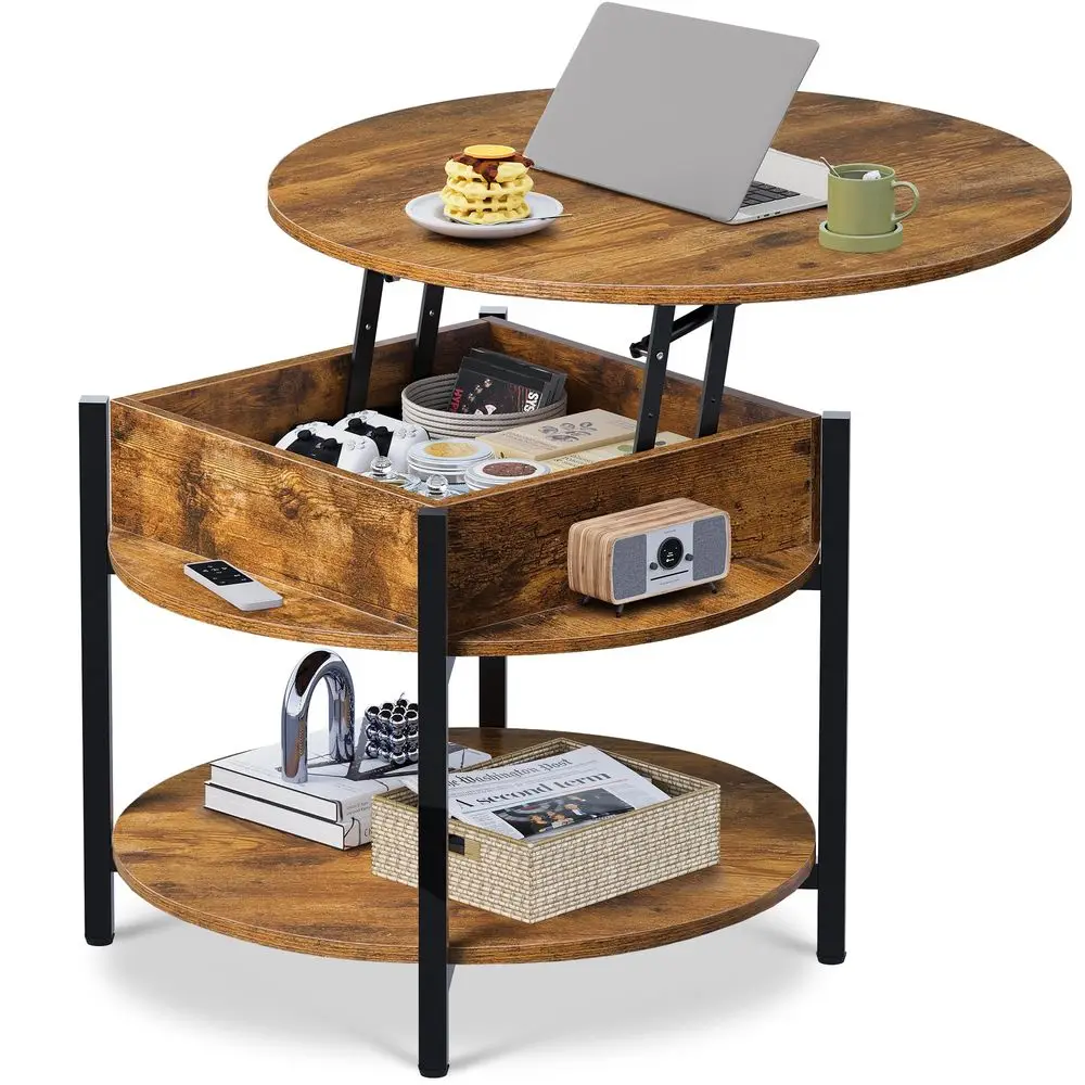 

Round Lift Top Coffee Table with Storage Shelf and Hidden Compartment, Farmhouse Small Coffee Table with 2 Tier for Living Room