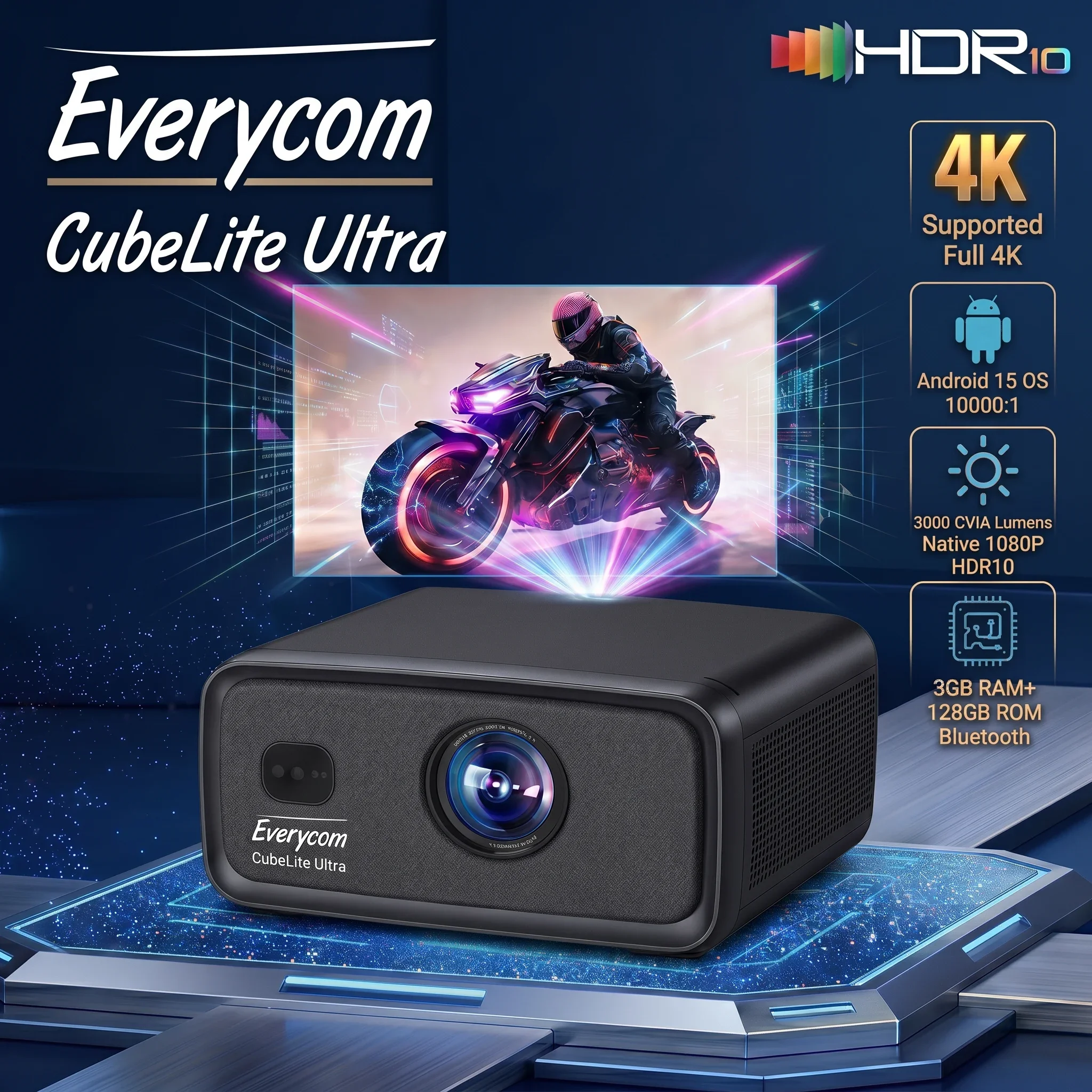 Proyector Inteligente Android 15 Everycom CubeLite Ultra 3000 CVIA Lúmenes Nativo 1080P Full HD Decodificación 4K 3GB+128GB Enfoque