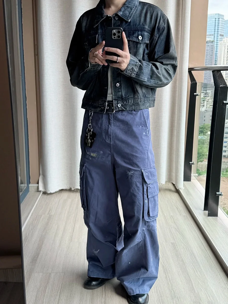 

Retro American High Street Men's Hand-Painted Washed Patchwork Embroidery Work Pants Loose Fit Spring Season Denim Jeans