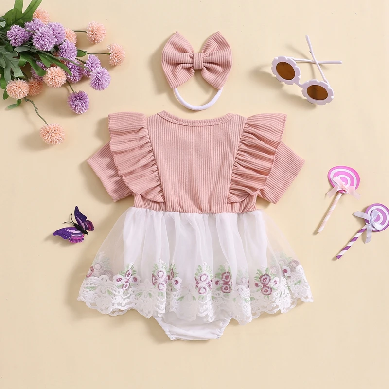 Infant Girls Lace Romper Dress Flower Embroidery Tulle Short Sleeve Ruffled Bodysuits Jumpsuit with Bow Headband Clothes