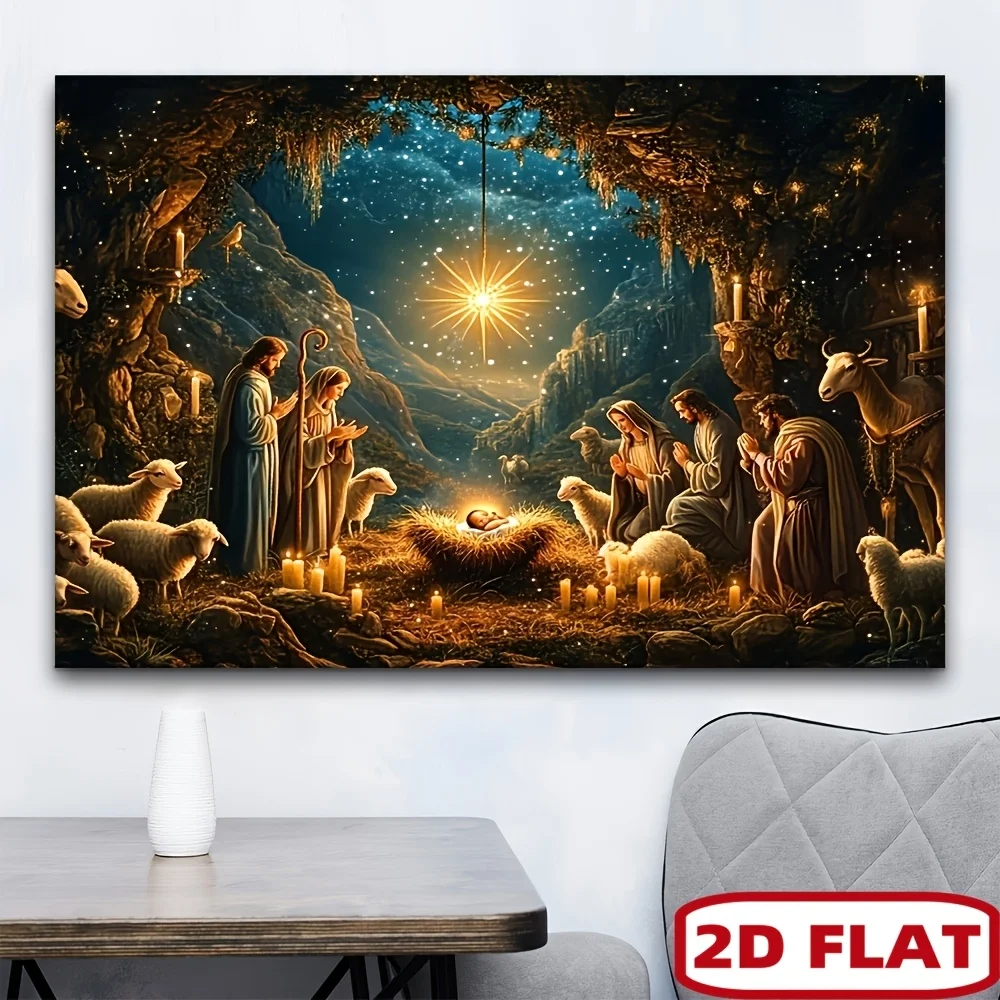 2D Flat, nativity scene christmas tapestry jesus birth manger shepherds wise men starry night view 3