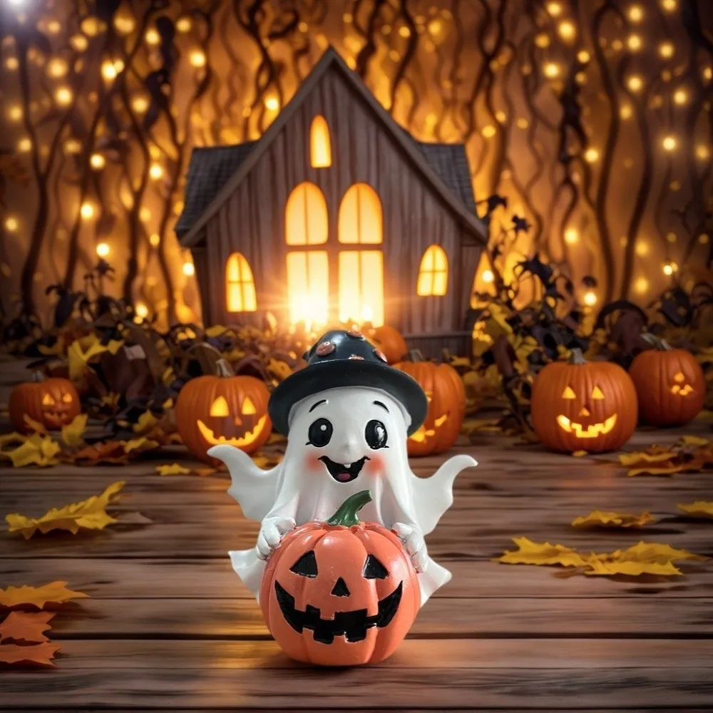 

Unique Halloween Pumpkin Ghost Figurine Handmade Decorations Craft Halloween Party Decoration Funny Resin Pumpkin Statue