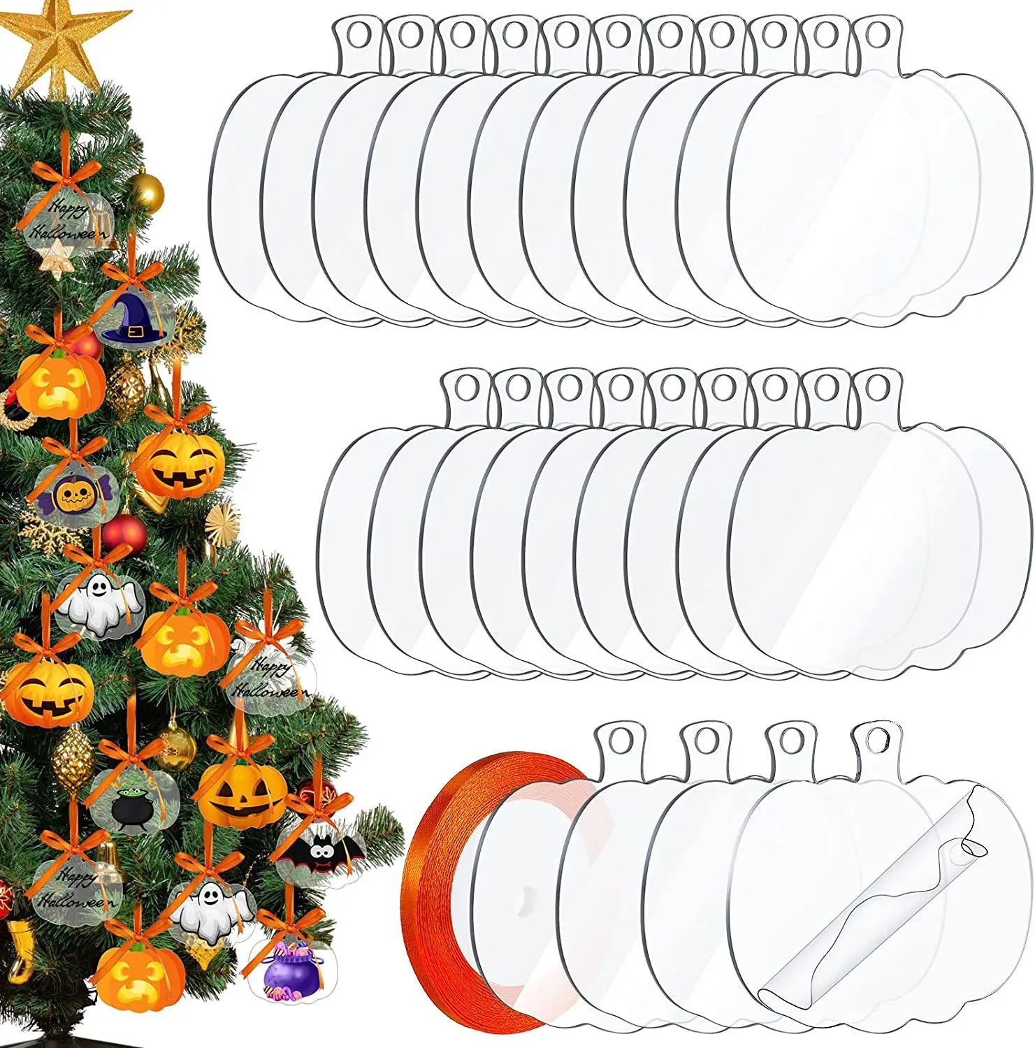 

24Pcs/Set Acrylic Pumpkin Halloween Ornament Clear Blank Halloween Decoration With Ribbon Halloween DIY Craft