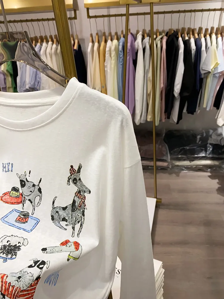 2026 New Cartoon Cute Puppy Print Long Sleeve T-Shirt Fashion Women's Round Neck Loose Casual Versatile Pullover Top Daily Wear