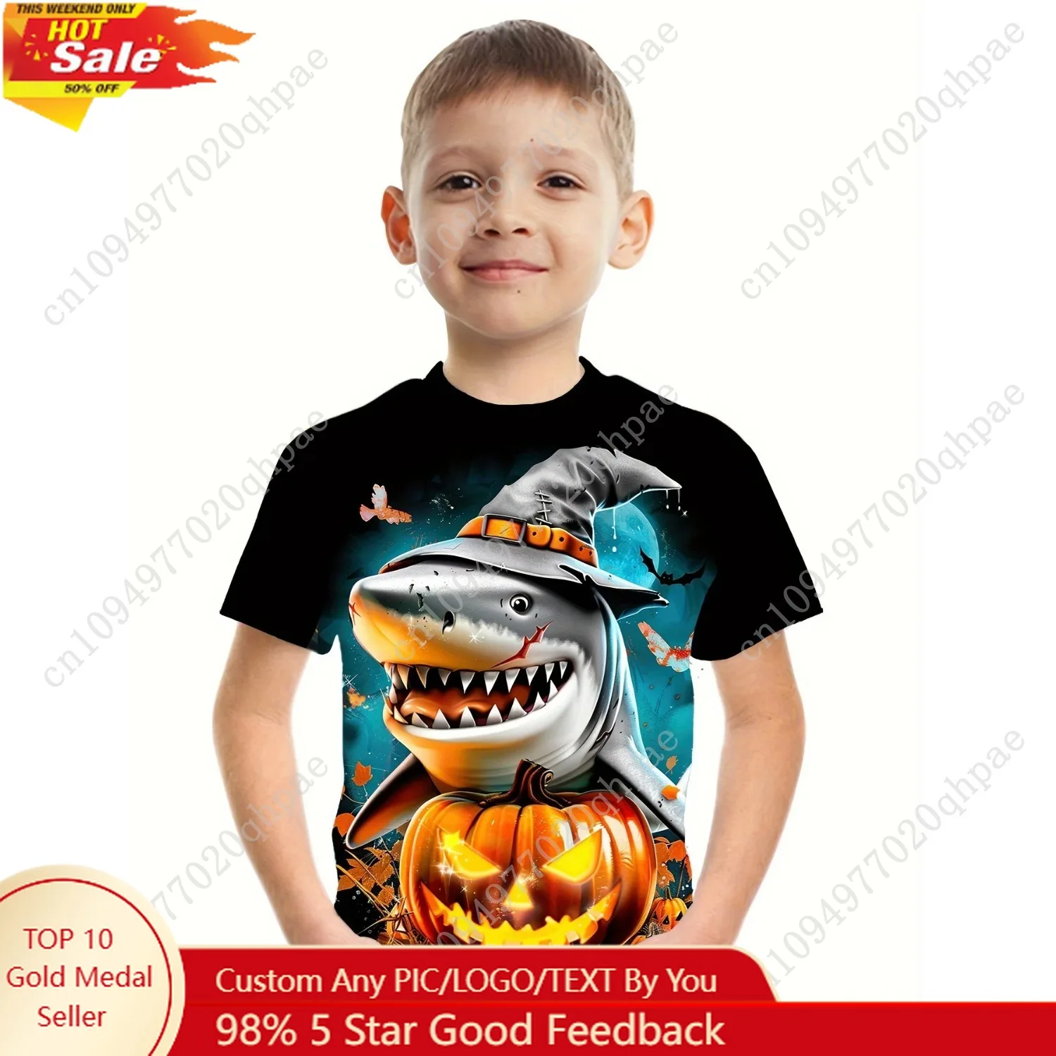

Clothes Child Boy Halloween Shark Pumpkin Print Boys' T-Shirt Short Sleeve Cartoon Graphic T Shirts O-Neck Children's Clothing