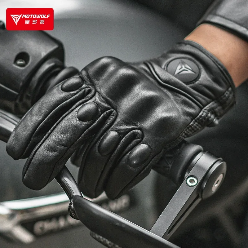 MOTOWOLF Motorcycle Genuine Leather Gloves Vintage Knight with Holes Summer Breathable Full Finger Anti-fall Leather Gloves 2