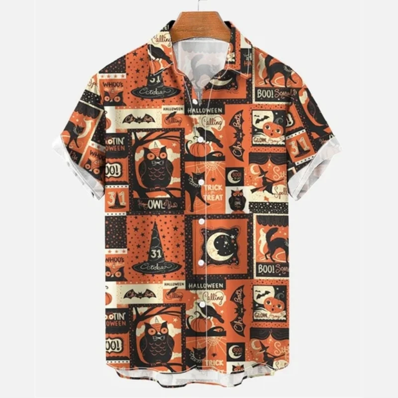 Halloween Men's Shirts Pumpkin Head Graphic Tops Lapel Button-Down Shirt Printed Short-Sleeved Party Holiday Oversized Men Shirt