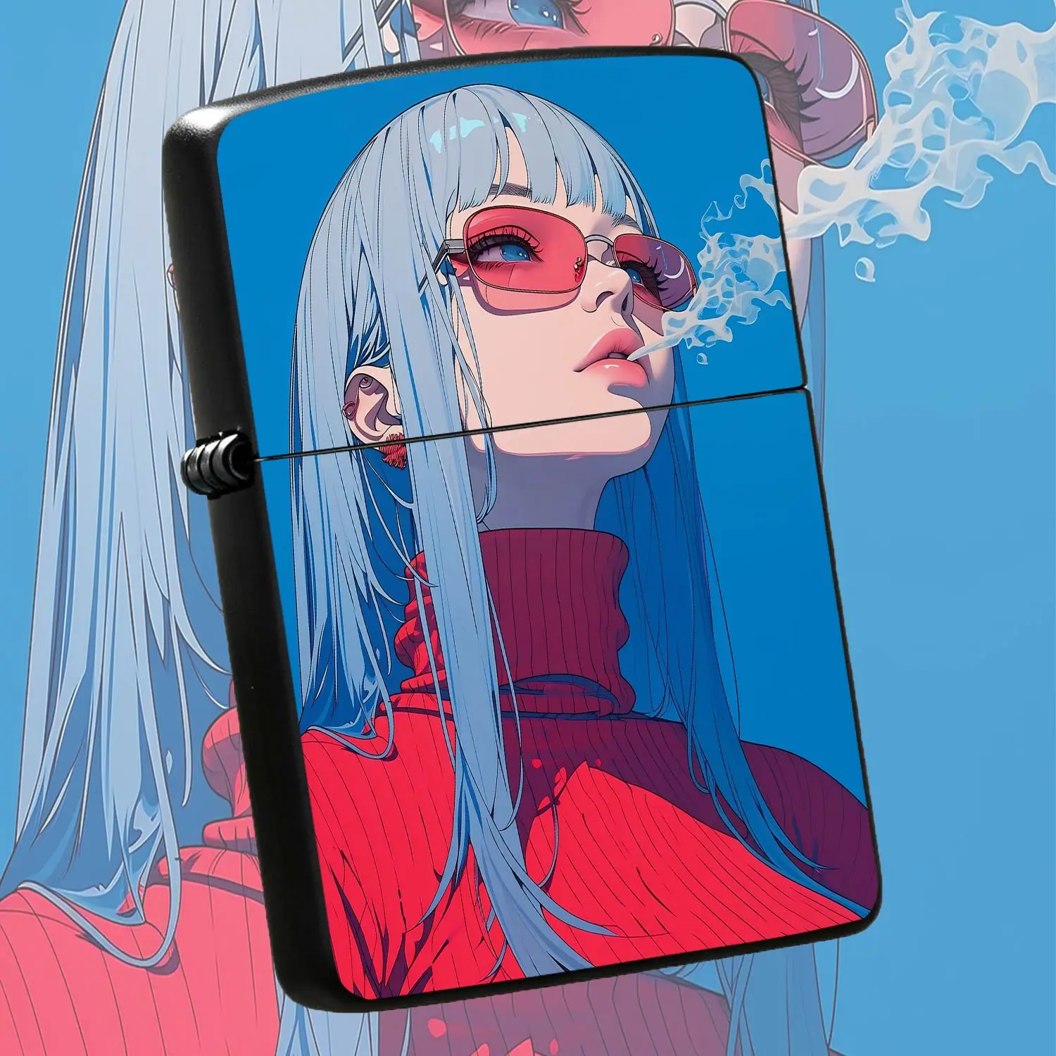 Trendy Cyber Aesthetic Illustration Style Portable Lighter, Cool Cyan-Hair Character Print Design, Sleek Bright Color Matching, Perfect For Daily Hangouts, Outdoor Trips, Party Gatherings, Ideal As A Personal Stylish Ac A Humorous And Inter