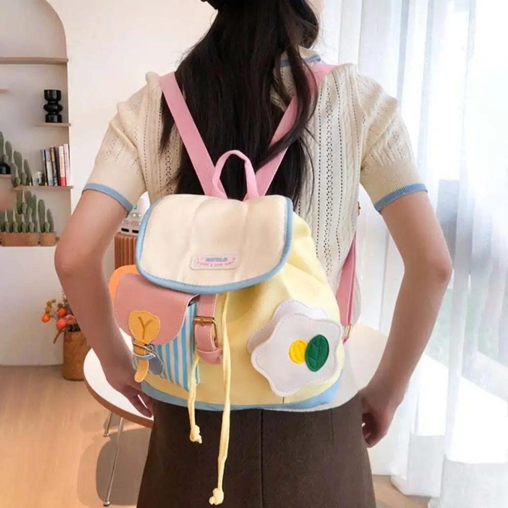Zaino con fiori creativi con coulisse carino Borsa da scuola per studenti a strisce di cartone animato Borsa da scuola per studenti in PU di grande capacità