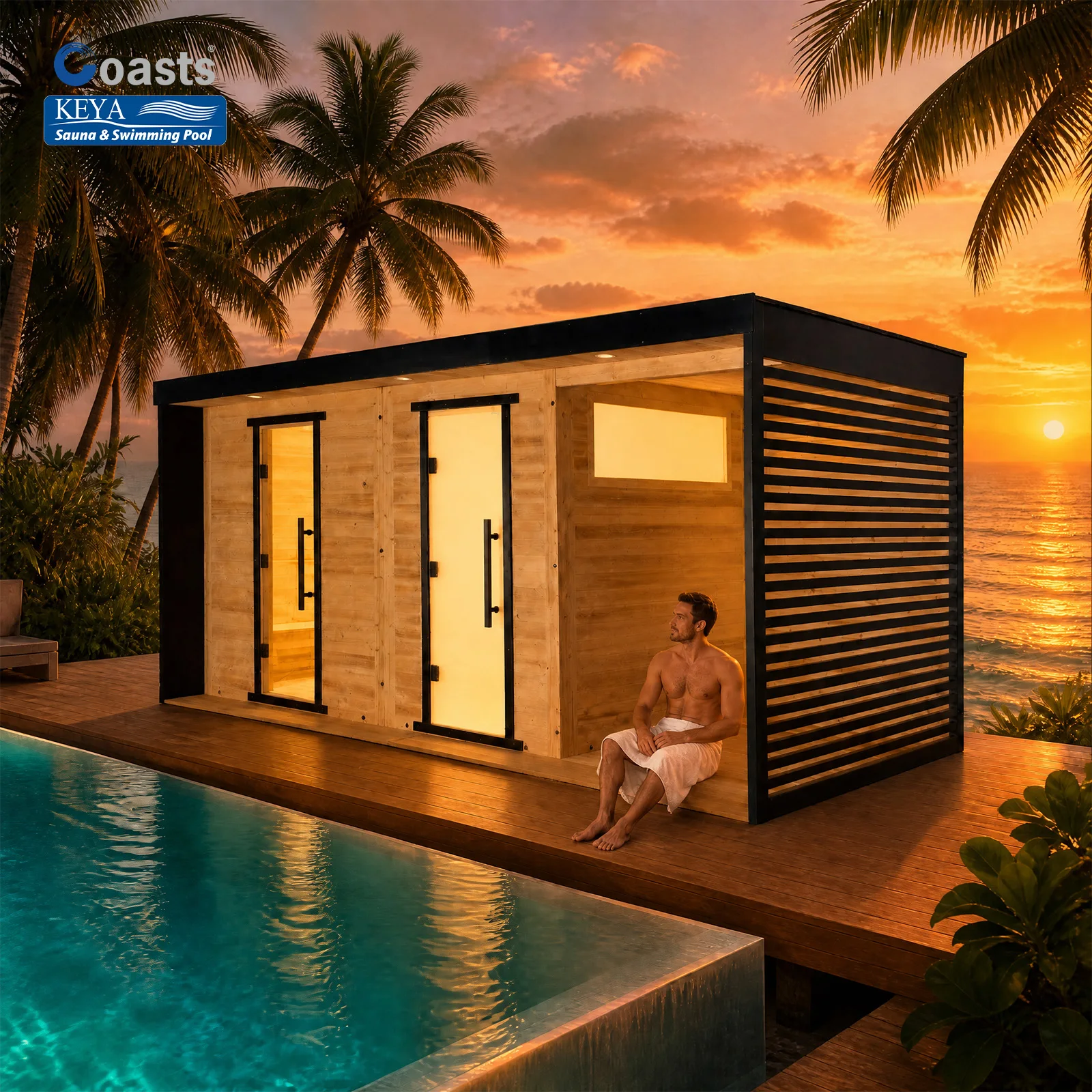 Three Section Modern Garden Sauna With Clear Glass Steam Cabin Frosted Door Chamber And Ventilated Alcove For Backyard Deck