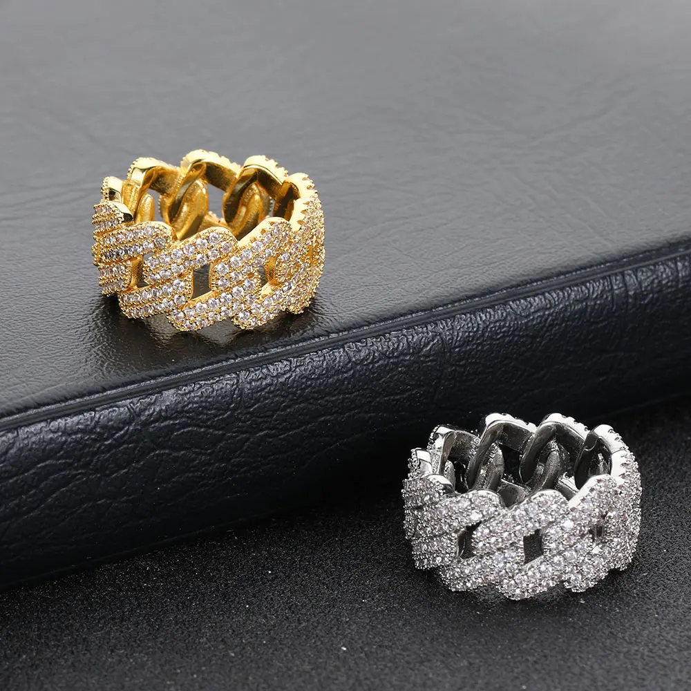 11MM Width Double Row Iced Out  Rhombic Cuban Rings Fashion Hip Hop For Men Bling Cubic Zirconia Jewelry