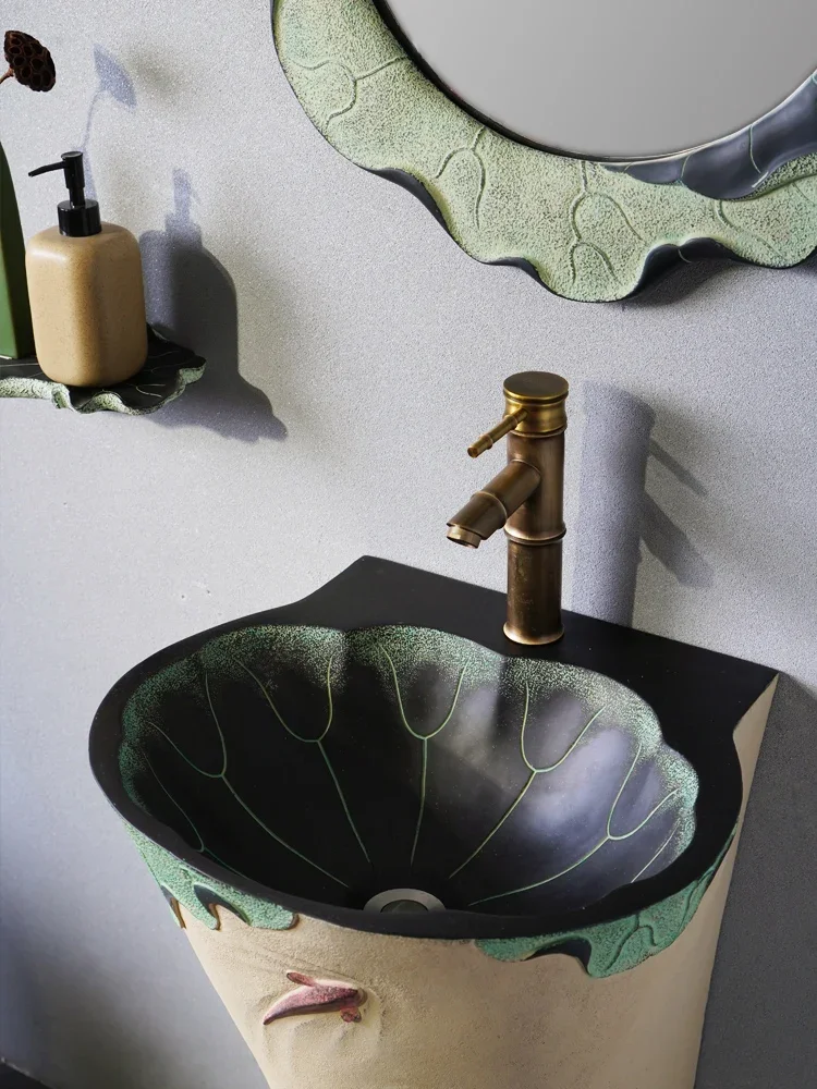 

Courtyard Outdoor Art Pedestal Basin Floor-Mounted Antique Bathroom Wash Basin New Chinese Lotus Integrated Inter-Platform Basin