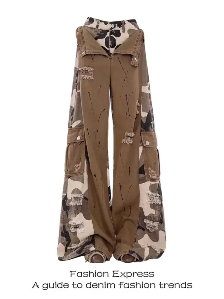 Fake Two-piece Splicing Jeans Women's Autumn Camouflage Tooling Babes Wide-leg Mopping Pants