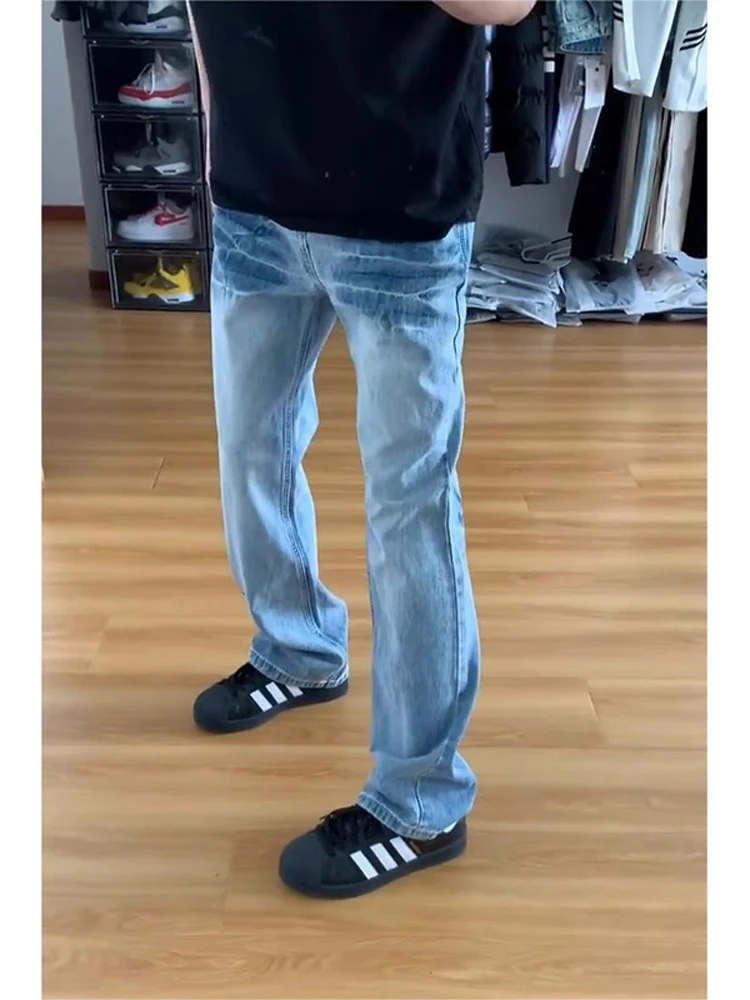 

Waed Light Blue Men's Jeans Retro American Slim Fit Straight Leg Trendy Brand Bell Bot High Waist Long Pants Youth Faion