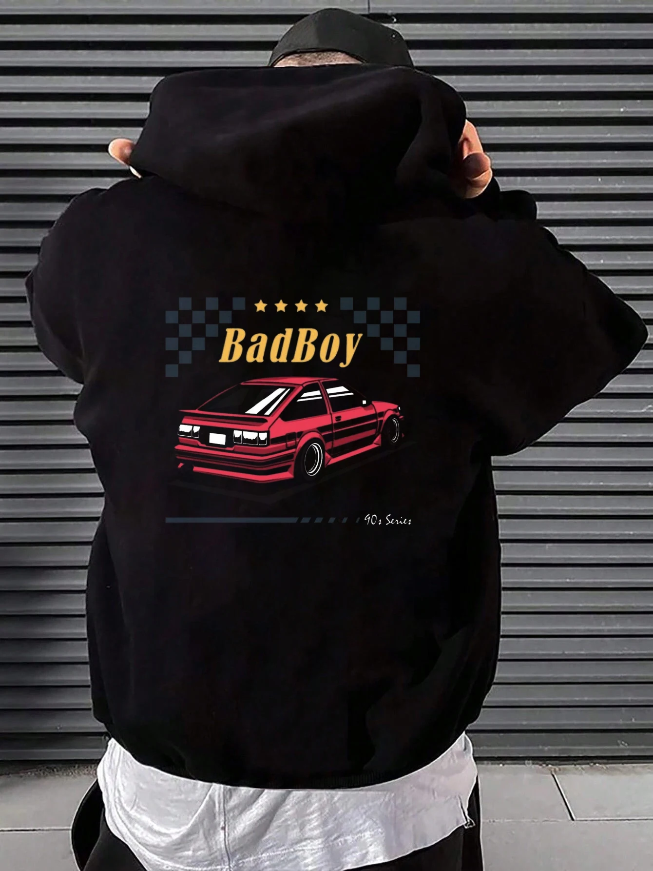 BadBoy 90s Retro Car Pattern Hoodie - Red 90s Text and Iconic Vehicle Print