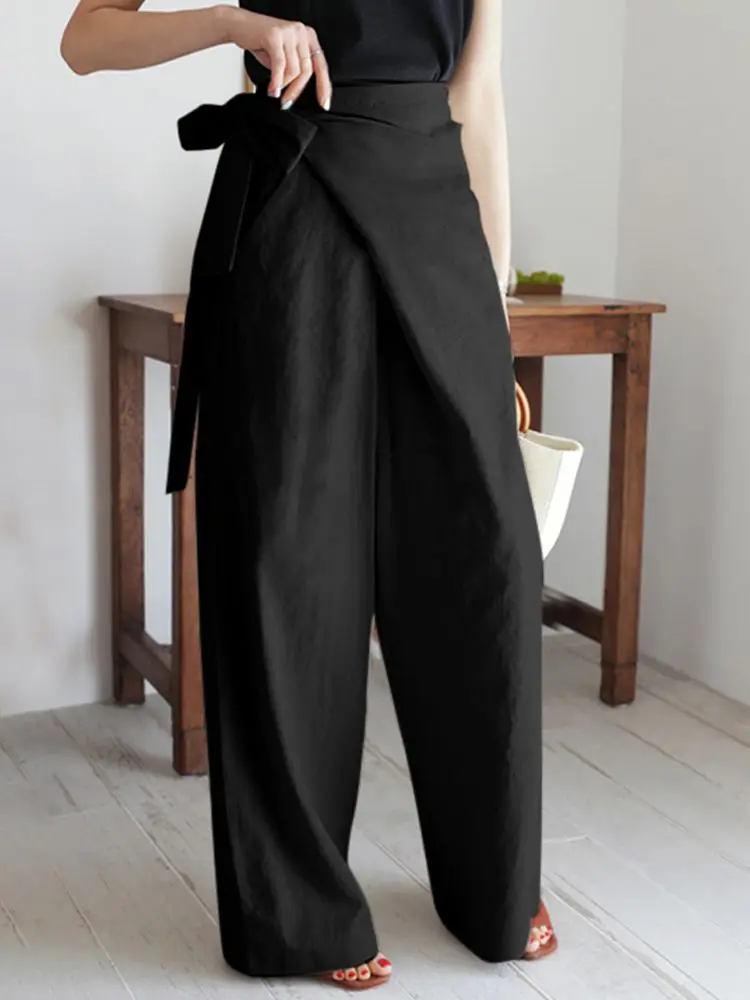 

Celmia 2024 Summer Women Wide Leg Pant High Waist Casual Long Trousers Fashion Elegant Asymmetrical Cotton Linen Bandage Pants