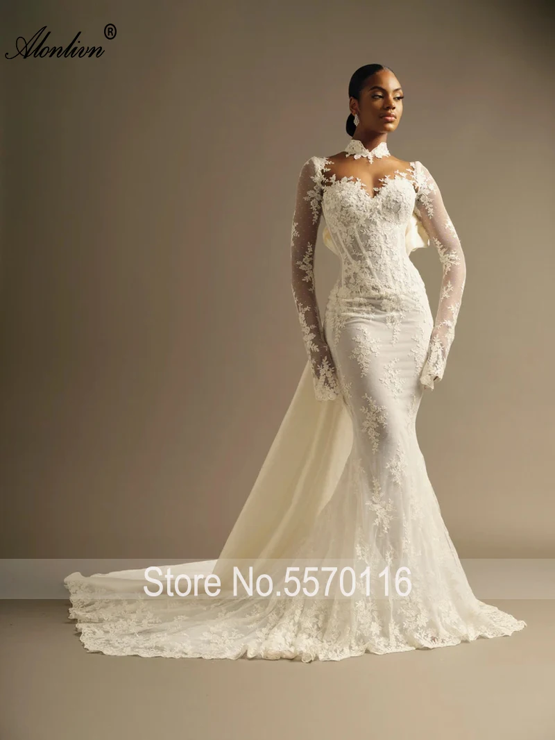 Alonlivn Elegant Lastest Mermaid Wedding Dress Full Sleeves Embroidery Lace With Removable Bow Bridal Gowns