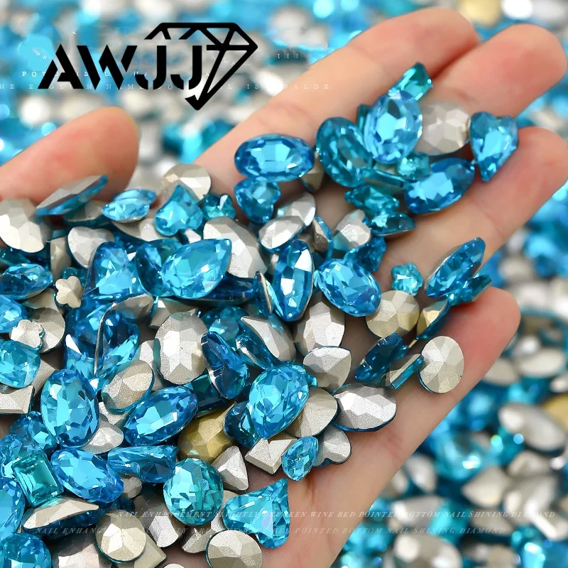 Lake Blue Mixed Shaped Pointed Back Rhinestones - Multi-Facet Sparkling | For Nails, Clothing & Shoe Embellishment