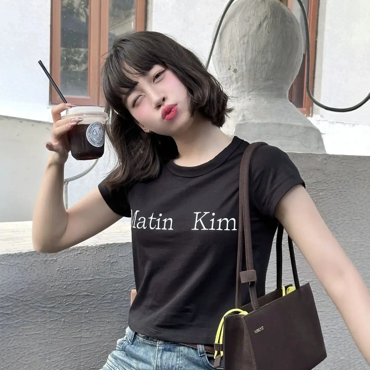 In Stock Korean Matin Kim Short Sleeve Letter Print Crew Neck Y2K T-Shirt Slim Fit Top Women Trendy