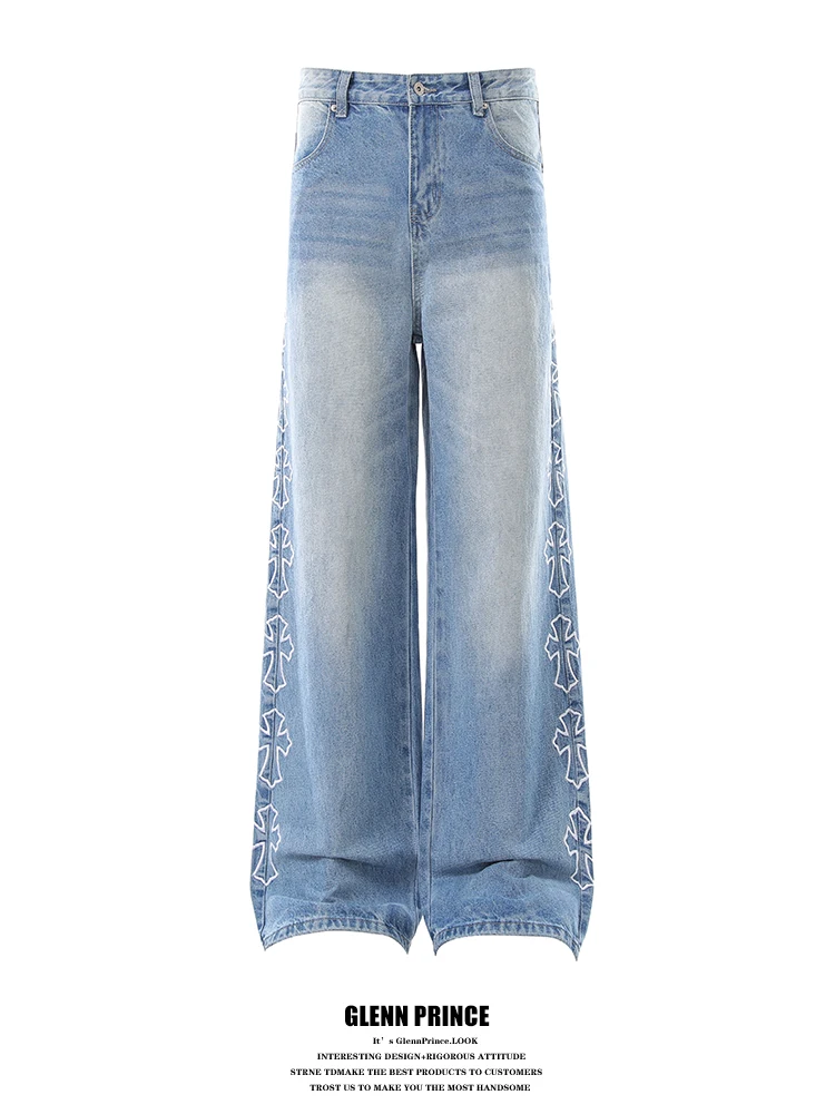 

Джинсы GPstudio в американском ретро-готическом стиле с вышивкой крестиком, мужские, свободного кроя, прямые штанины, молодежные, повседневные, из смесового хлопка