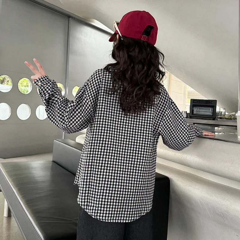 Kids Long Sleeve Shirts 5 To 14 Years Autumn Girl Vintage Black White Plaid Shirt Casual Turn Down Collar Blouse Children Tops