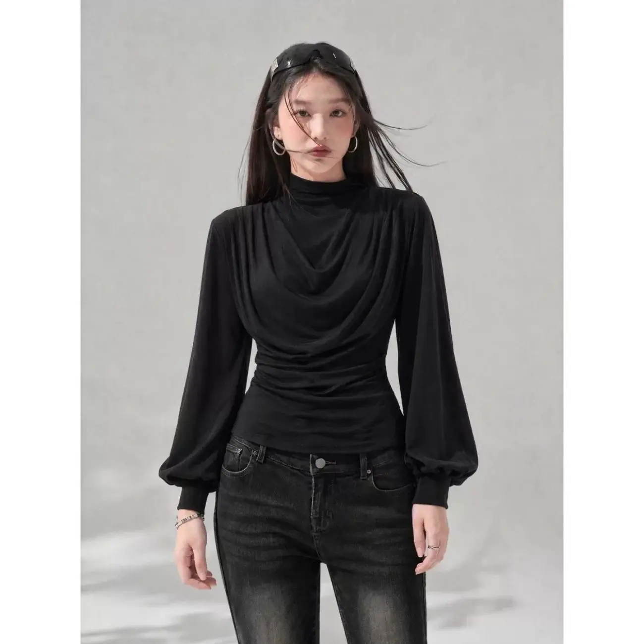 Kimutomo Women Black Cowl Neck Ruffle Long Sleeve T-Shirt Autumn New Cool Touch Slim Fit Sexy Top