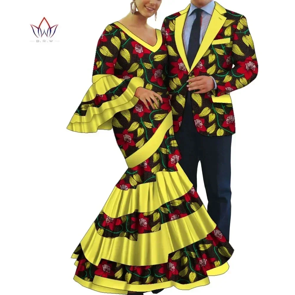 2pcs Set African Dresses for Women Long Sleeve Party Dress Mens Blazer  Casual Tops Couple Match Lover Wedding Clothes WYQ813