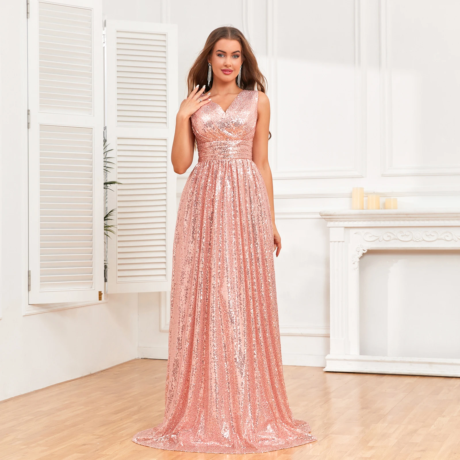 

Women's evening dress V-neck sexy slim long sequin dress skirt elegant prom wedding graduation ceremony