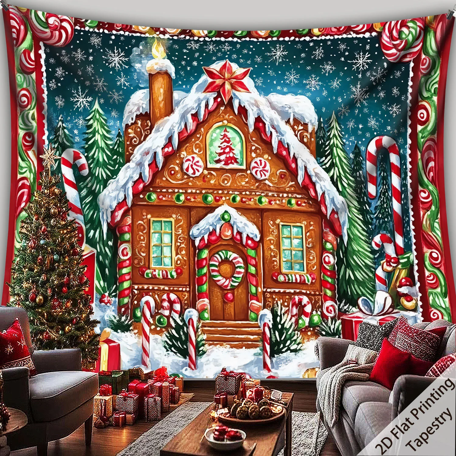 VIKAMA Weihnachts-Wandteppich im amerikanischen Stil, Lebkuchenhaus, lebendige Farben, Wohnzimmer-Akzent, Wanddekoration, Raumdekoration