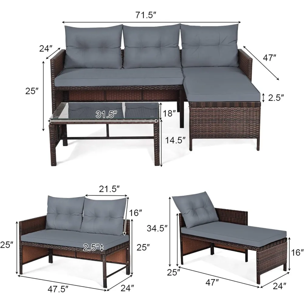 3-częściowy zestaw wiklinowych mebli ogrodowych, rattanowa sofa segmentowa PE na zewnątrz, zestaw do rozmów z siedziskiem dwuosobowym, salonem i hartowanym