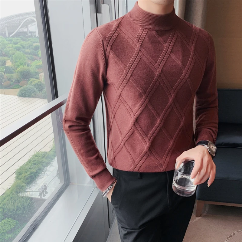 Brand New Men's Cashmere Sweater Diamond Shaped Lattice Half Turtleneck Thick Knit Pullovers Male Slim Casual Knitwear Sweater