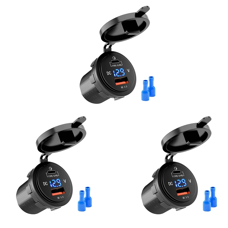 3X 18W Quick Charge 3.0 USB Car Charger 48W Type-C PD Fast Charge Socket Outlet Adapter For Car, Boat, RV, Motorcycle