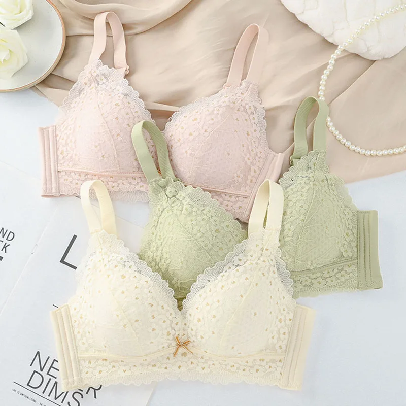 Small Chest No Underwire Bra Women\'s Sense Lace Breathable Bra Gather Comfortable Wrap Chest Anti-Sagging Underwear Soft