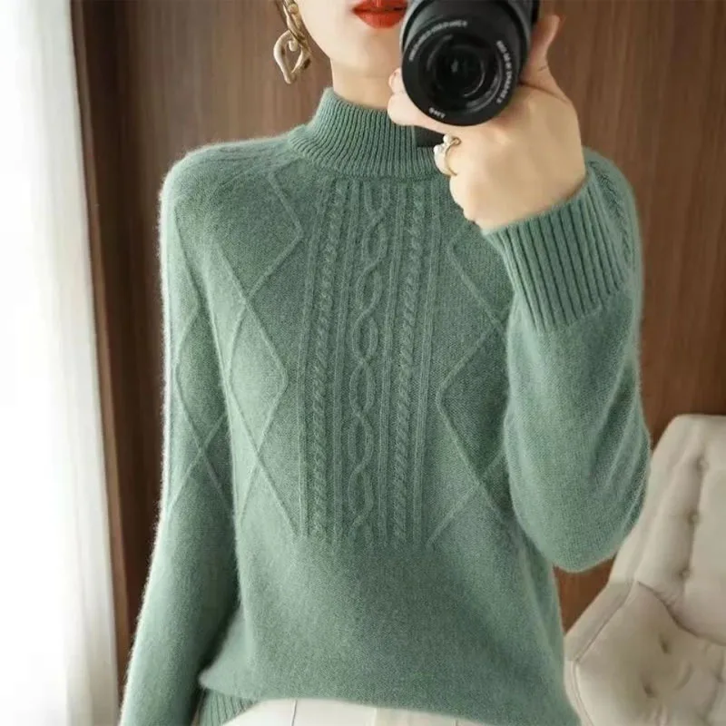 New Autumn/Winter Fashion Korean Edition Half High Neck Lazy Solid Color Thick Loose Versatile Slim Women\'s Long Sleeve Sweater