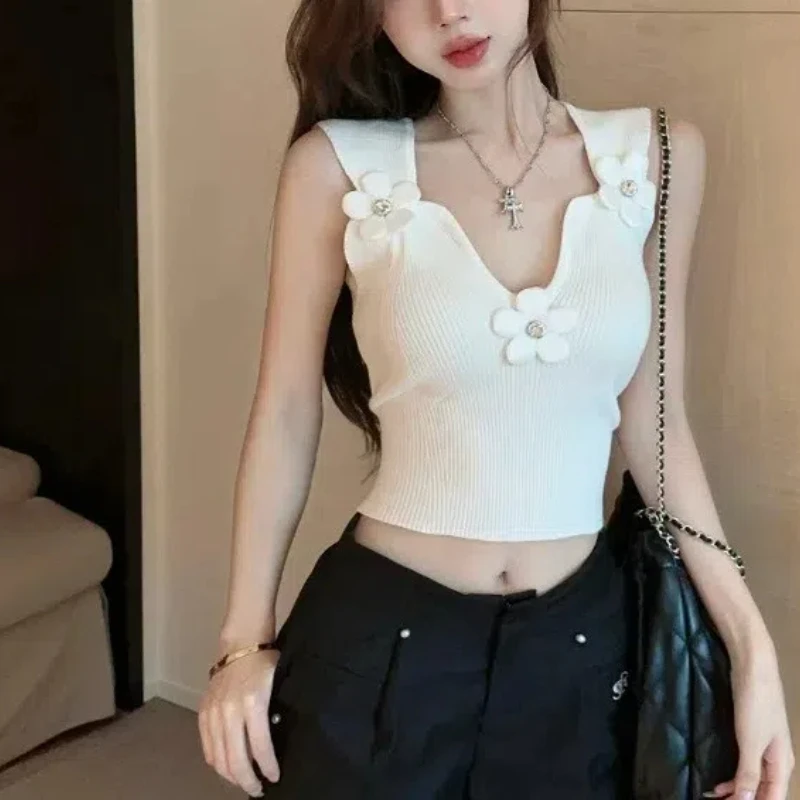 Summer Women's Pullover Sweater Knitted Tie Flowers Beaded Solid Color Thin Camisole Screw Thread T-shirt Casual Sexy Tops