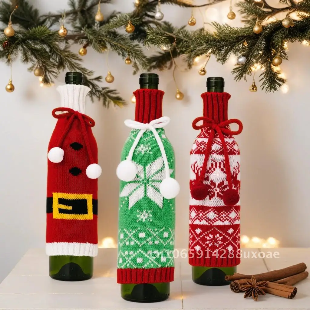

Christmas Wool Knitted Fur Ball Red Wine Set Decorations 10cm Snowflake Holiday Scene Layout for Restaurant Table Decor