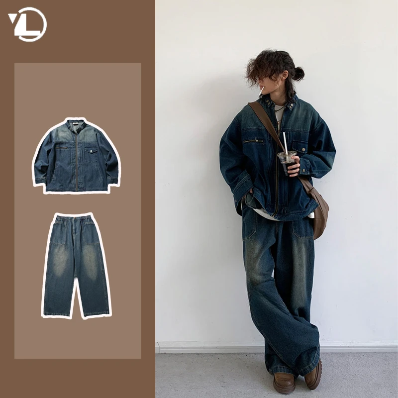 

Cowboy Tooling Suit Mens New Spring Autumn Streets Vintage Washed Denim Two-piece Set Motorcycle Y2K Trend Bomber Cargo Sets