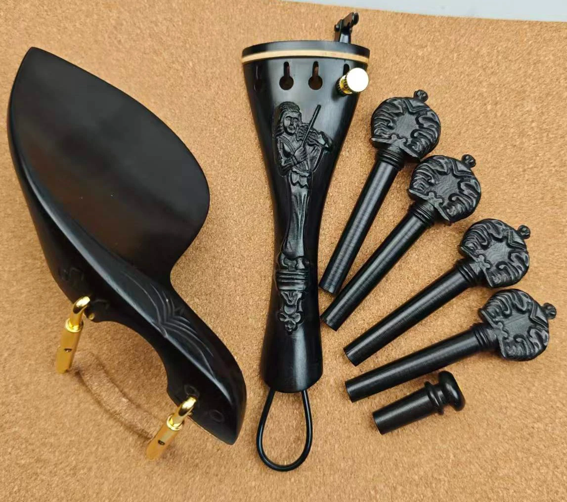 Ebony wood Violin Fittings Set Fiddle Accessories Carved violin player Tailpiece Pegs Chinrest with Clamp Bracket Finetuner Gut
