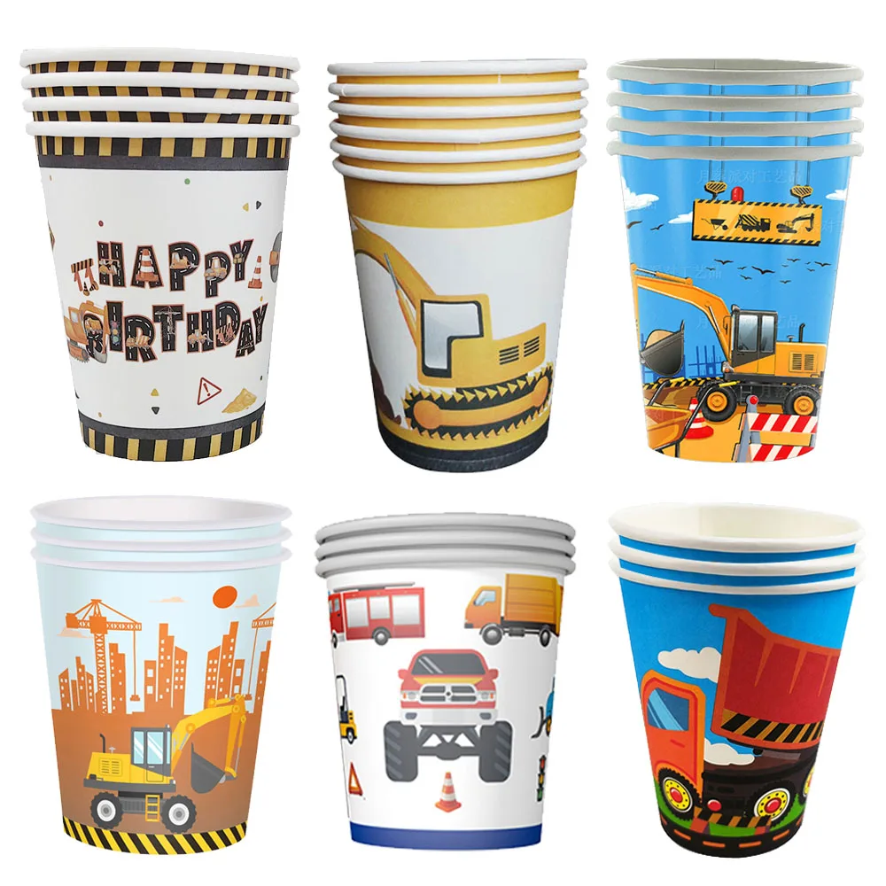 2/4/6/10set Construction Engineering Vehicle Theme Disposable Paper Cups Boys Birthday Party Decoration Supplies