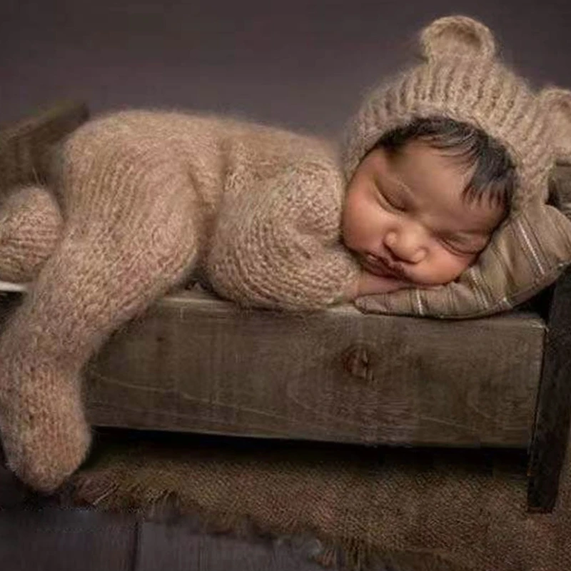 Lovely Newborn Photography Props Boys Girls Outfits Mohair Bear Hat Bonnet & Footed Romper Bodysuit Photoshoot Costume