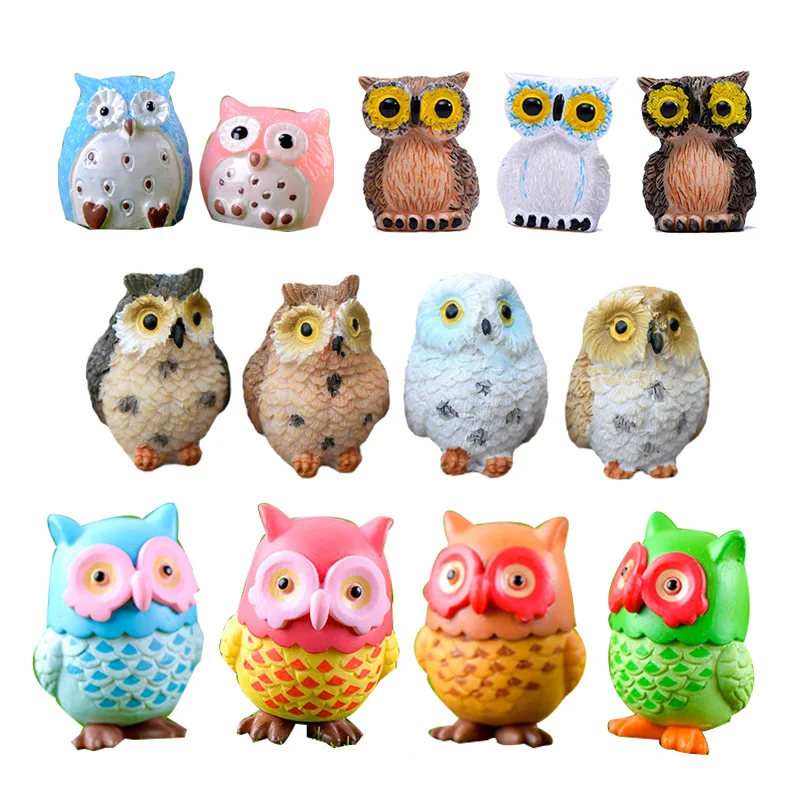 Owl Figurine Miniature Cartoon Owls Animal Figure Car Home Cake Decoration Fairy Garden Creative Statue Resin Craft
