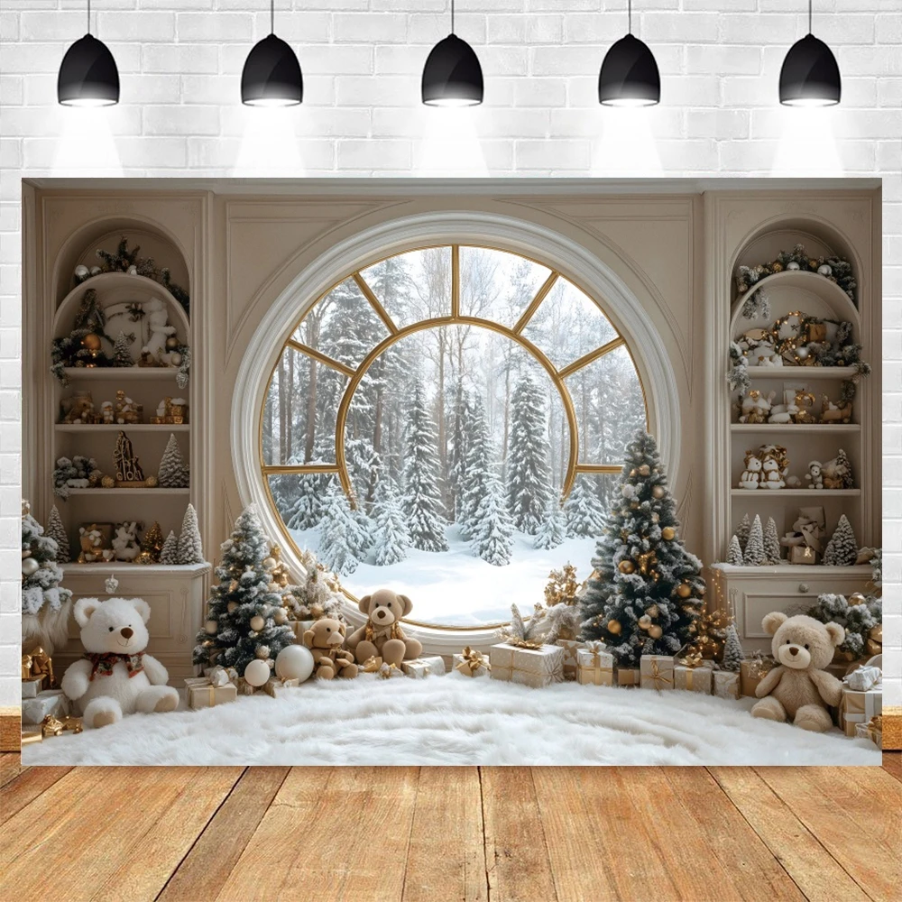 クリスマスの背景おもちゃのクマ,室内の窓の贈り物,雪の冬,赤ちゃん,子供の肖像画,クリスマスパーティー,写真の背景