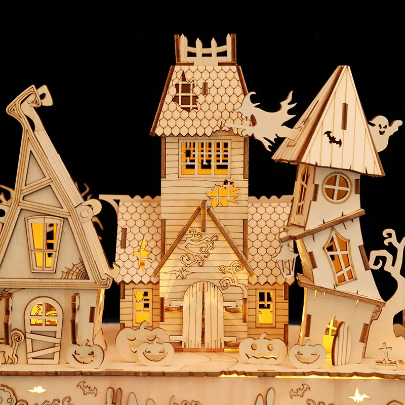 3D Wooden Puzzle Halloween Haunted House Ghost Tree Light DIY Building Model Kit Craft Desk Decoration Toys For Kids Gift